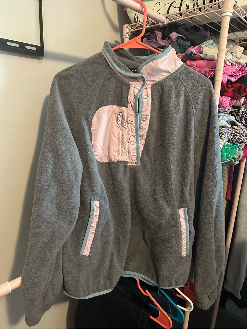 Women’s Grey Puff Jacket with Pink Trim